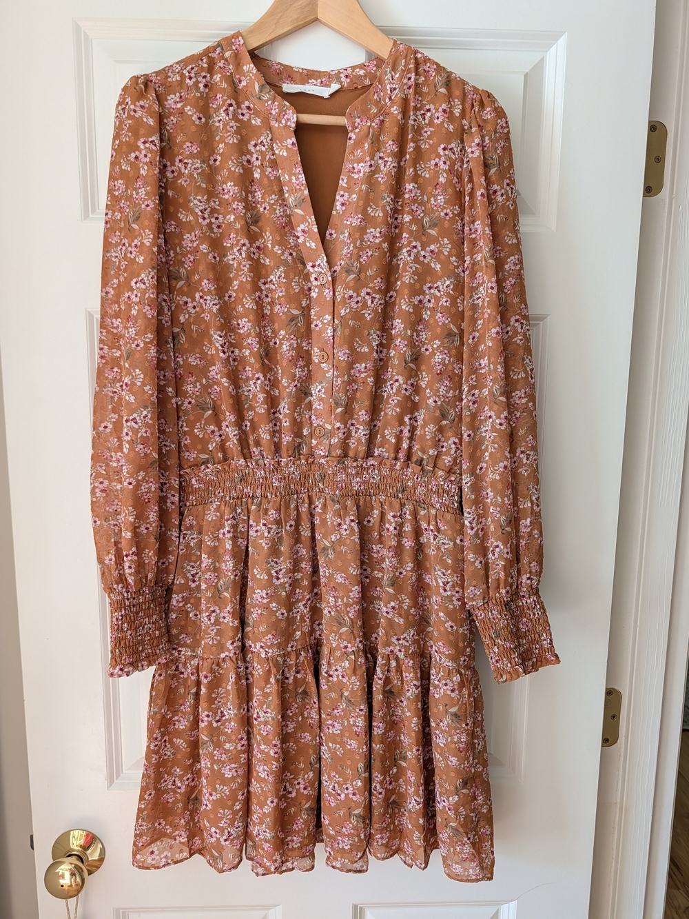 Lush Rust Floral Long-Sleeve Tiered Dress